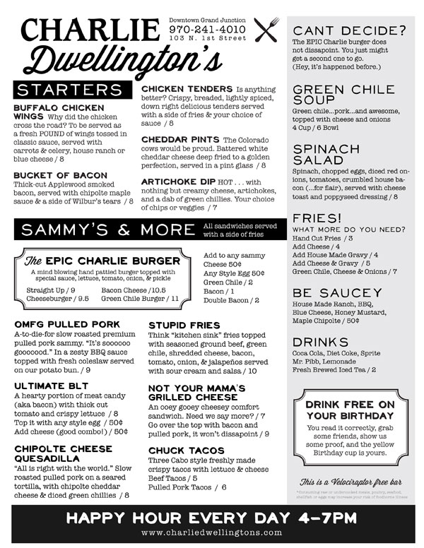 Charlie Dwellington's Menu Charlie Dwellington's Menu